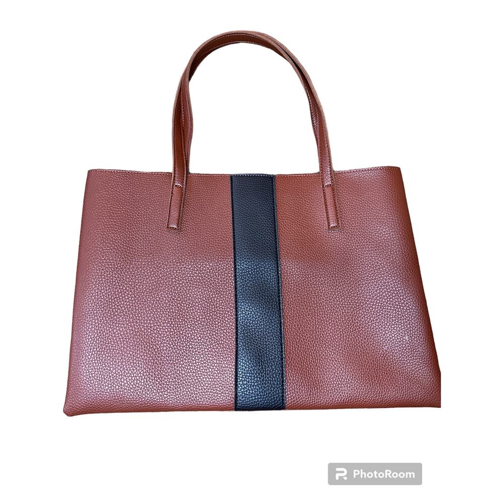 Vince Camuto Brown Black Stripe Color Block Vegan Leather Tote Bag Large